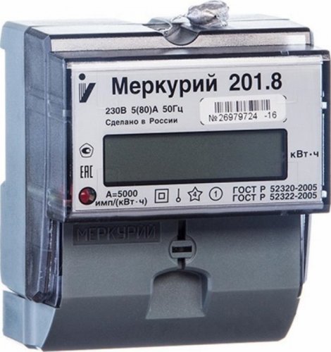 Счетчик электроэнергии 1Ф однотарифный Меркурий 201.8 80/5 Т1 D 230В ЖК картинка